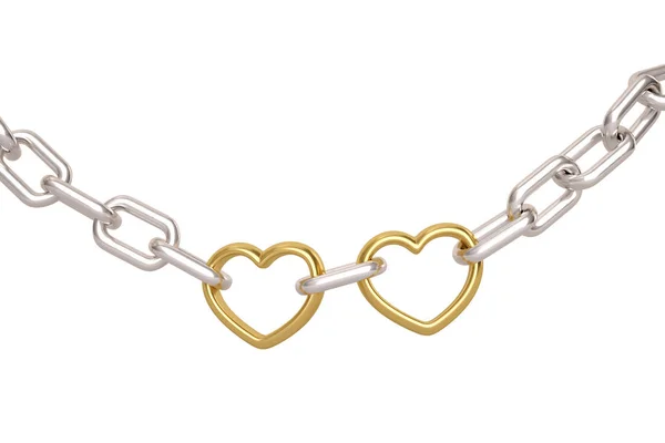 Zilveren ketting met twee gouden hart links op witte background.3d il — Stockfoto