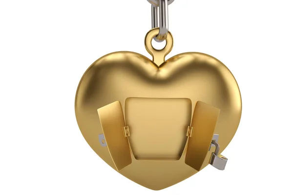 Cadena conceptual creativa con corazón de oro abierto sobre fondo blanco . — Foto de Stock