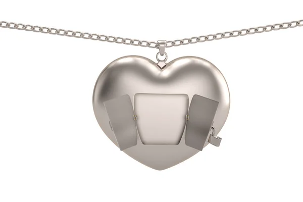 Cadena de concepto creativo con corazón abierto de plata sobre fondo blanco — Foto de Stock