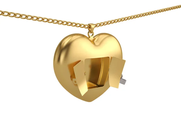 Chaîne concept créative avec coeur ouvert en or sur fond blanc . — Photo