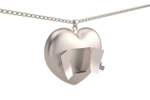 Creatief concept ketting met zilveren hart op een witte pagina openen — Stockfoto