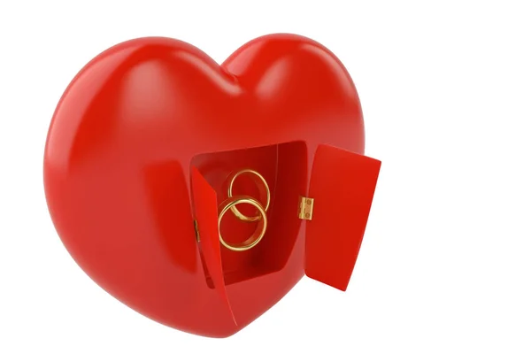 Coração vermelho aberto com anéis de ouro no fundo branco.ilustrati 3D — Fotografia de Stock