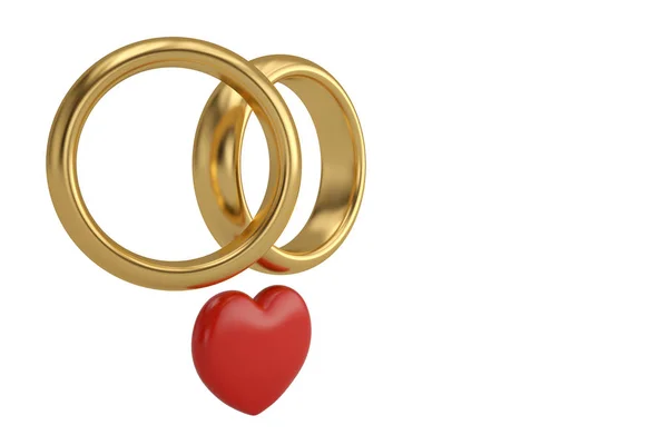 Červené srdce a zlatý prsten na bílém pozadí.3D ilustrace. — Stock fotografie