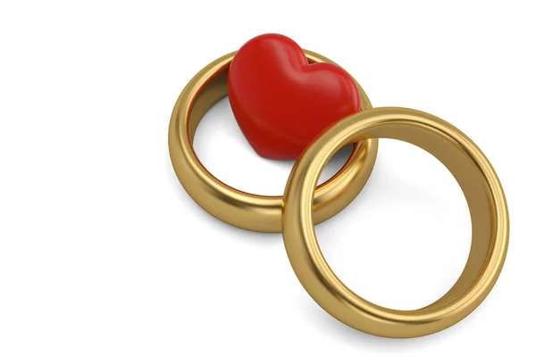 白色背景上的红心和金戒指。 3D插图. — 图库照片