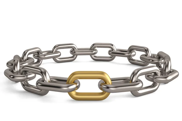 One golden link in a chrome chain on white background.3D illustr — Stock Photo, Image