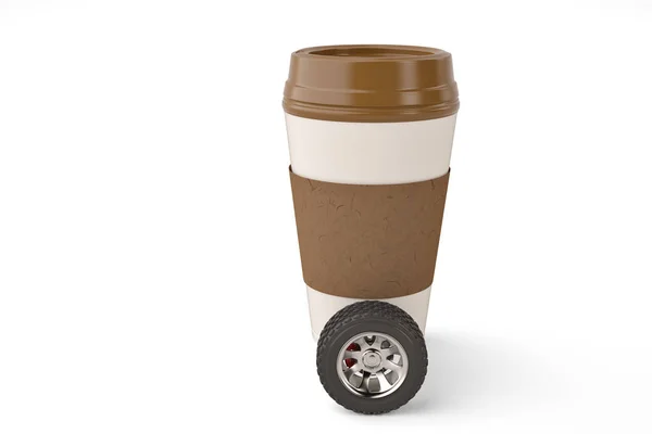 Tomar café en la taza termo en las ruedas del coche 3d ilustración . —  Fotos de Stock