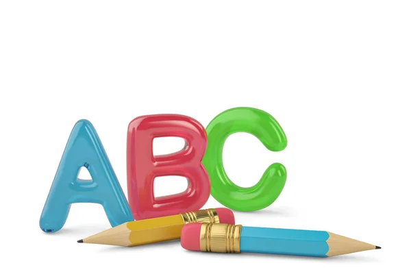 Два олівці та кольорові літери ABC на білому тлі 3d ілюстрація — стокове фото