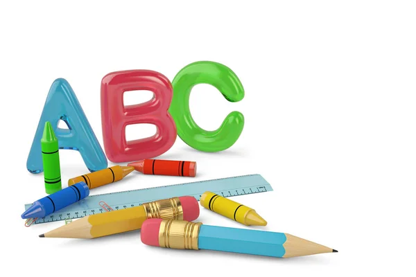 İki kurşun kalem ve boya kalemi ve cetvel ve renk Abc harfleri beyaz — Stok fotoğraf