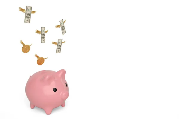 Piggy bank en vliegende dollars met munten op witte background.3d — Stockfoto
