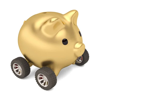 Gouden spaarvarken en vier wheels.3d illustratie. — Stockfoto
