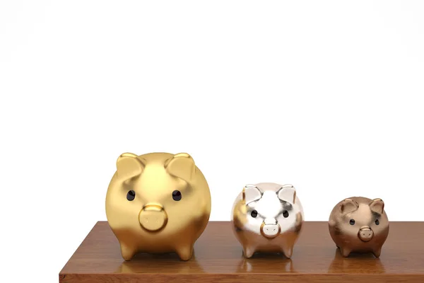 Золотая серебряная медная банка с тремя свиньями на деревянной бочке. — стоковое фото