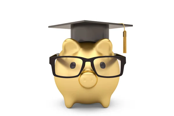 Gold piggy bank with glasses and mortarboard on white background — Stock Photo, Image