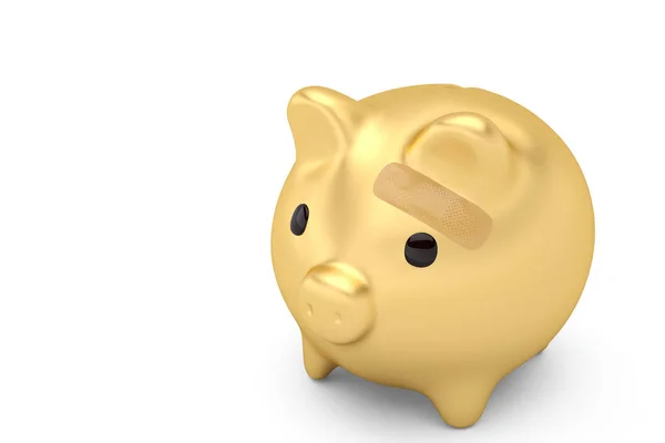 Band Aid och guld piggy bank på white.3d illustration — Stockfoto