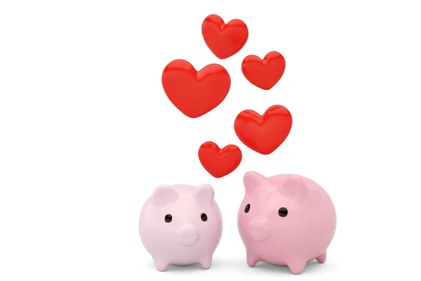 Zwei Sparschwein mit roten hearts.3d illustration — Stockfoto