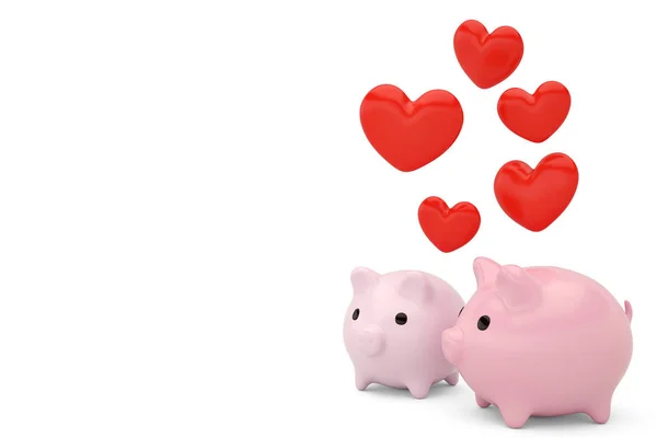 Zwei Sparschwein mit roten hearts.3d illustration — Stockfoto