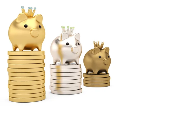 Drie piggy bank op munt stacks.3d afbeelding — Stockfoto