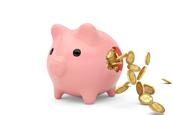 Kaputtes Sparschwein und herumfliegende Goldmünzen. — Stockfoto