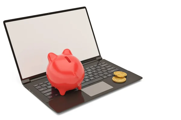 Piggy banco com moeda de ouro em um laptop.3D ilustração — Fotografia de Stock