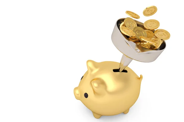 Arany malacka bank arany érmék és funnel.3d illusztráció — Stock Fotó