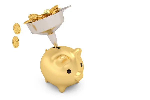 Gold piggy bank with gold coins and funnel.3D illustration — Stock Photo, Image