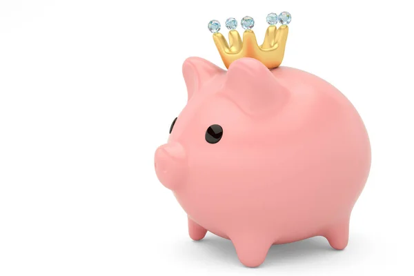粉红色的小猪银行与皇冠. 3 d 例证 — 图库照片