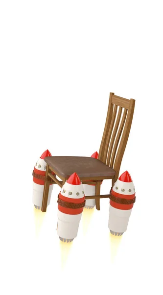 Rocket attaché à la chaise sur fond blanc.Illustration 3D . — Photo