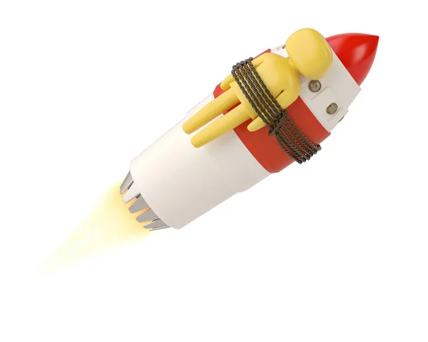 En karaktär som knuten till raket på vit background.3d illustrati — Stockfoto