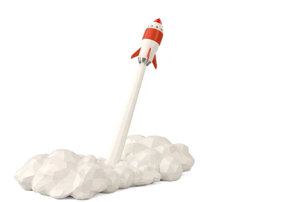 Concept de démarrage avec fusée volant sur fond blanc. 3D illust — Photo