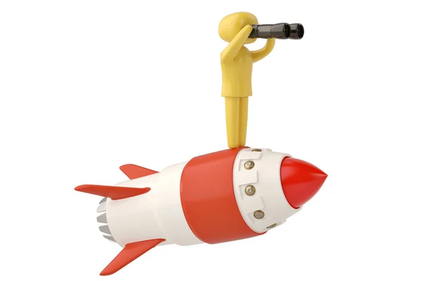 Un personaje sosteniendo un telescopio en el cohete.Ilustración 3D . —  Fotos de Stock