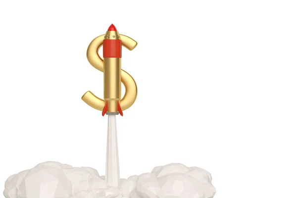 Concept de démarrage avec fusée signe dollar volant sur backgrou blanc — Photo