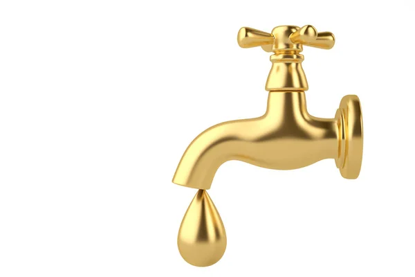 Torneira de ouro com uma corrente de água isolada na ilustração 3D branca . — Fotografia de Stock