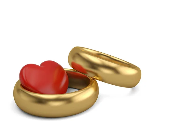 Anillo rojo corazón y oro sobre fondo blanco.Ilustración 3D. —  Fotos de Stock