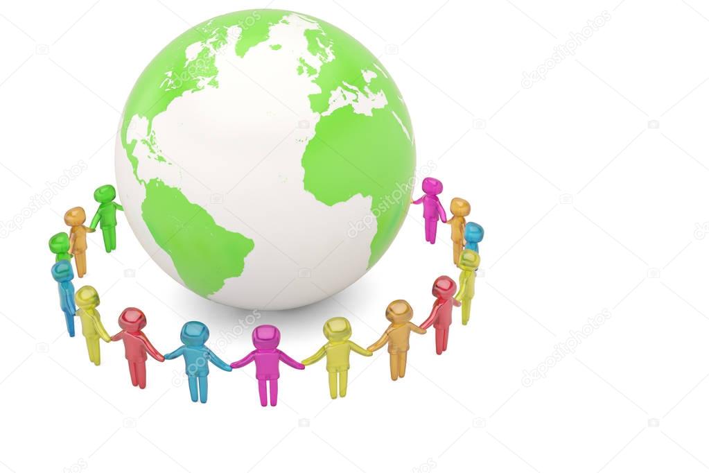 Human character holding hands around the globe world community c