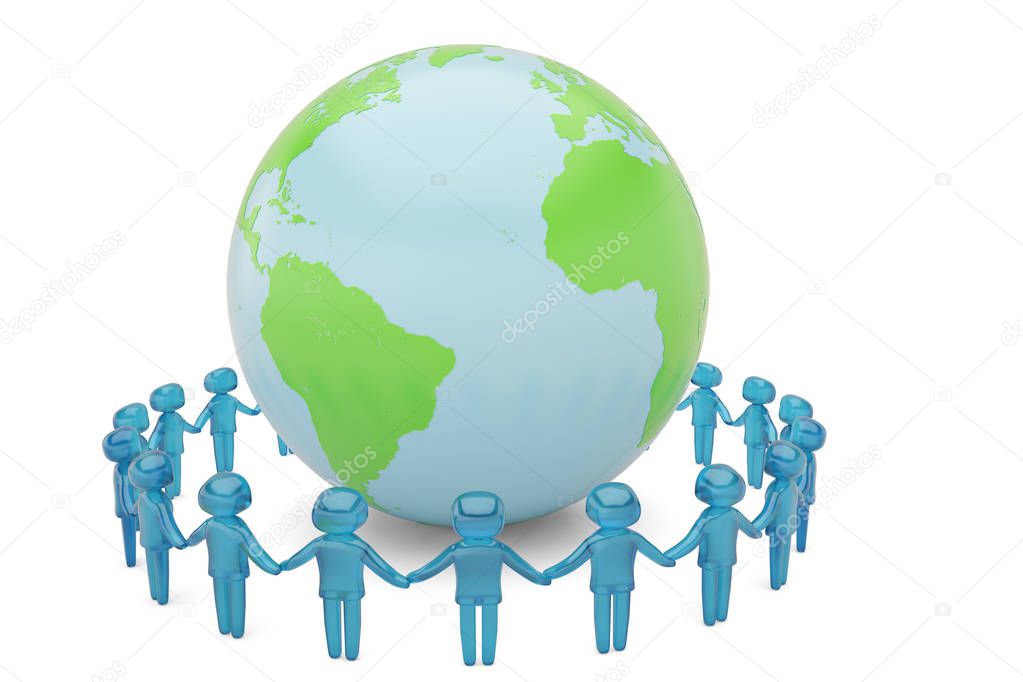 Blue human character holding hands around the globe world commun
