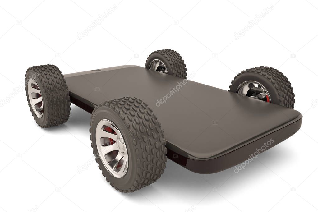 Mobile phone car on a white background.3D illustration.
