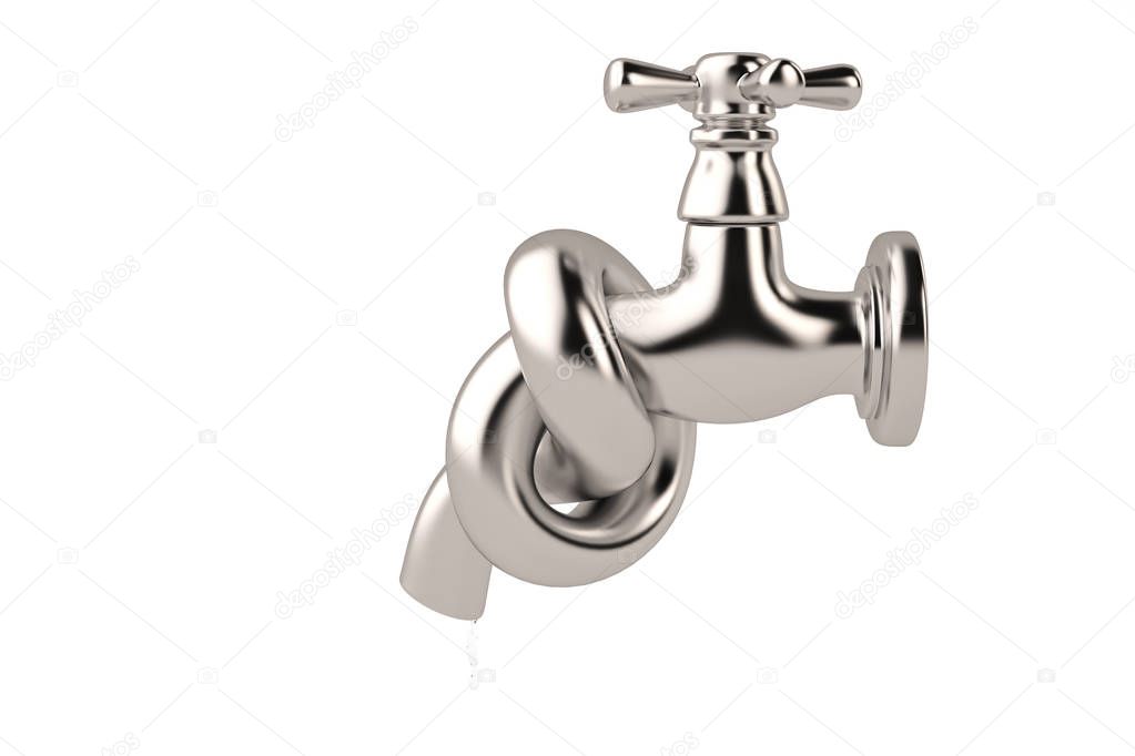Save water concept water tap tied knot  isolated on white backgr
