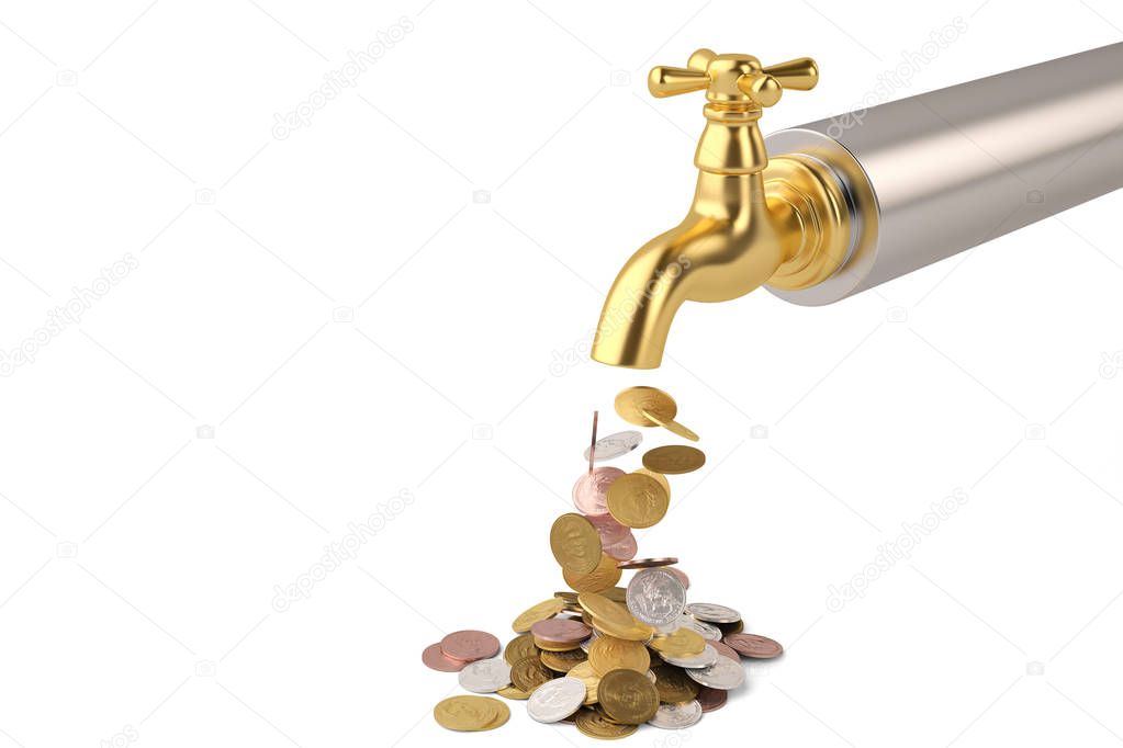Coins fall from the tap isolated on white background 3d illustra