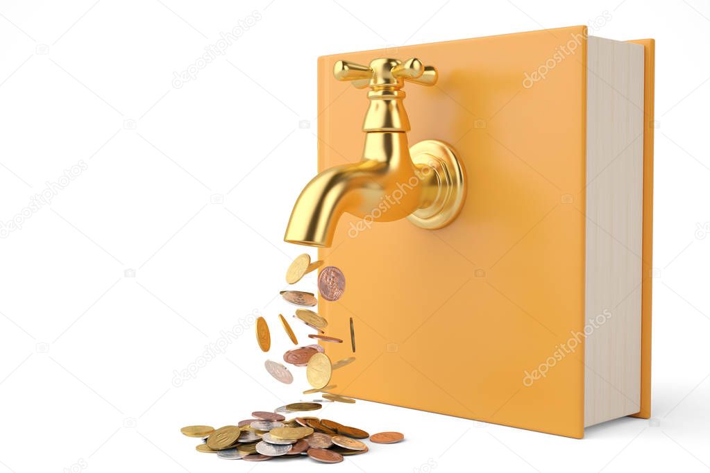 Coins fall from the tap and big book isolated on white backgroun