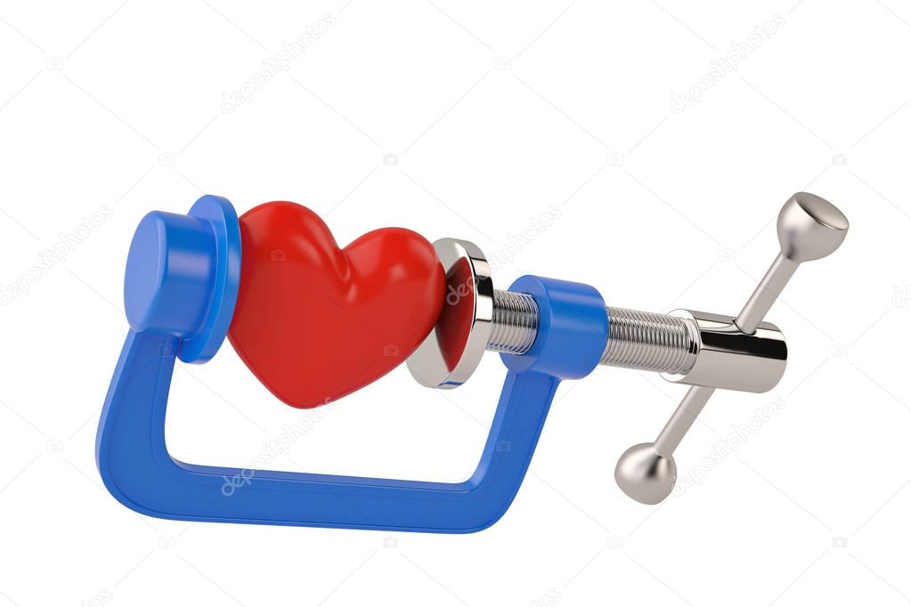Red heart in G clamp on white background 3D illustration