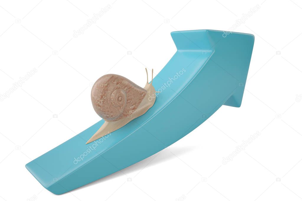Creative snail with growing arrow .3D illustration.