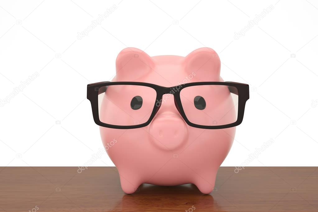 Pink  piggy bank with glasses on the wood board.3D illustration