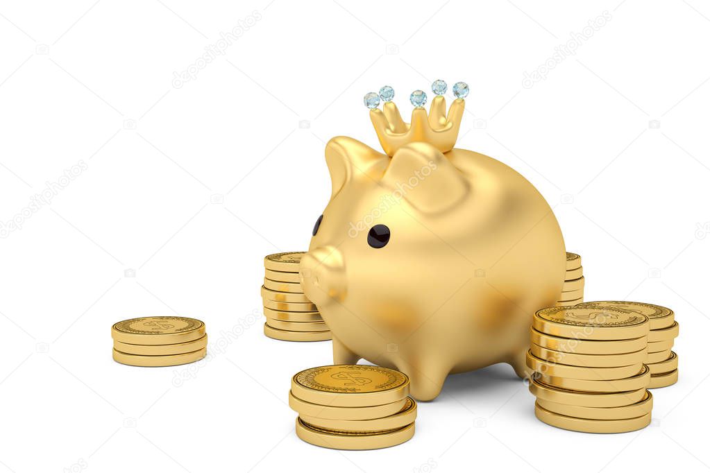Gold piggy bank with gold coin stacks.3D illustration
