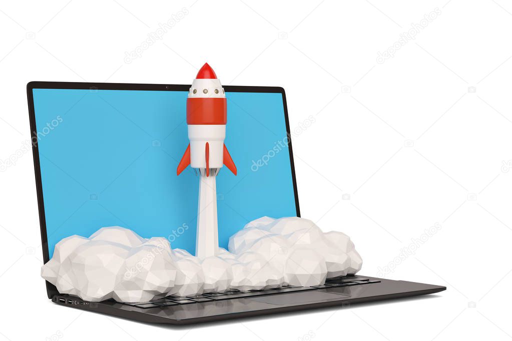 Startup concept with rocket flying out of laptop screen on white