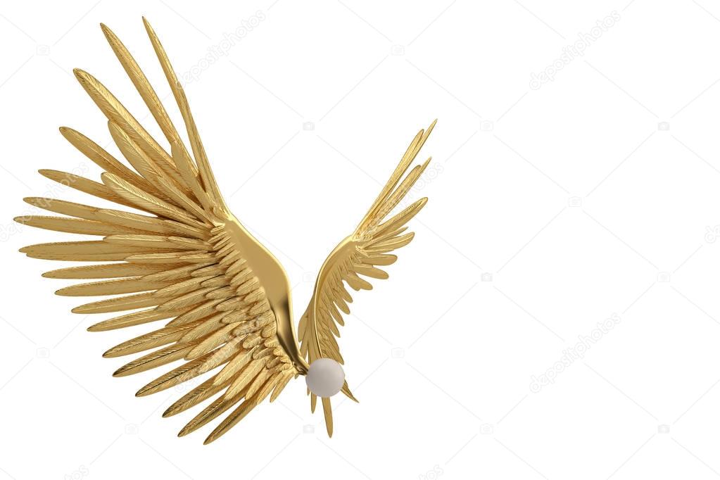 Gold wings on white background.3D illustration.