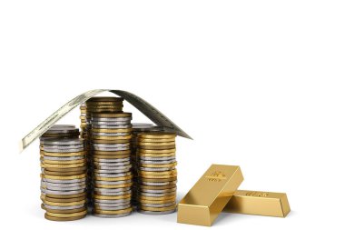 Dolar ve bozuk para yığınları altın tuğla 3d Hüseyin ile yapılmış ev