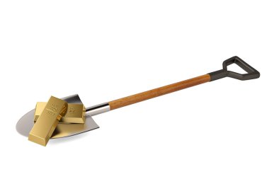 Beyaz arka plan 3d çizim üzerinde kürek üzerinde altın İngotlar.