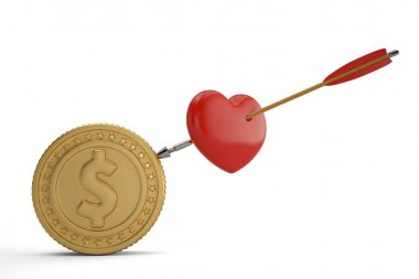 Oku kırmızı kalp altın sikke ile deldi. 3D çizim.