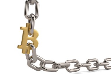 Altın bitcoin sembolü demir chain.3d çizim ile.