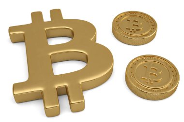 Altın madeni para ile bitcoin işareti para ve Finans sembolü beyaz 