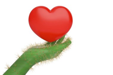 Kaktüs el ve kalp. 3D çizim.